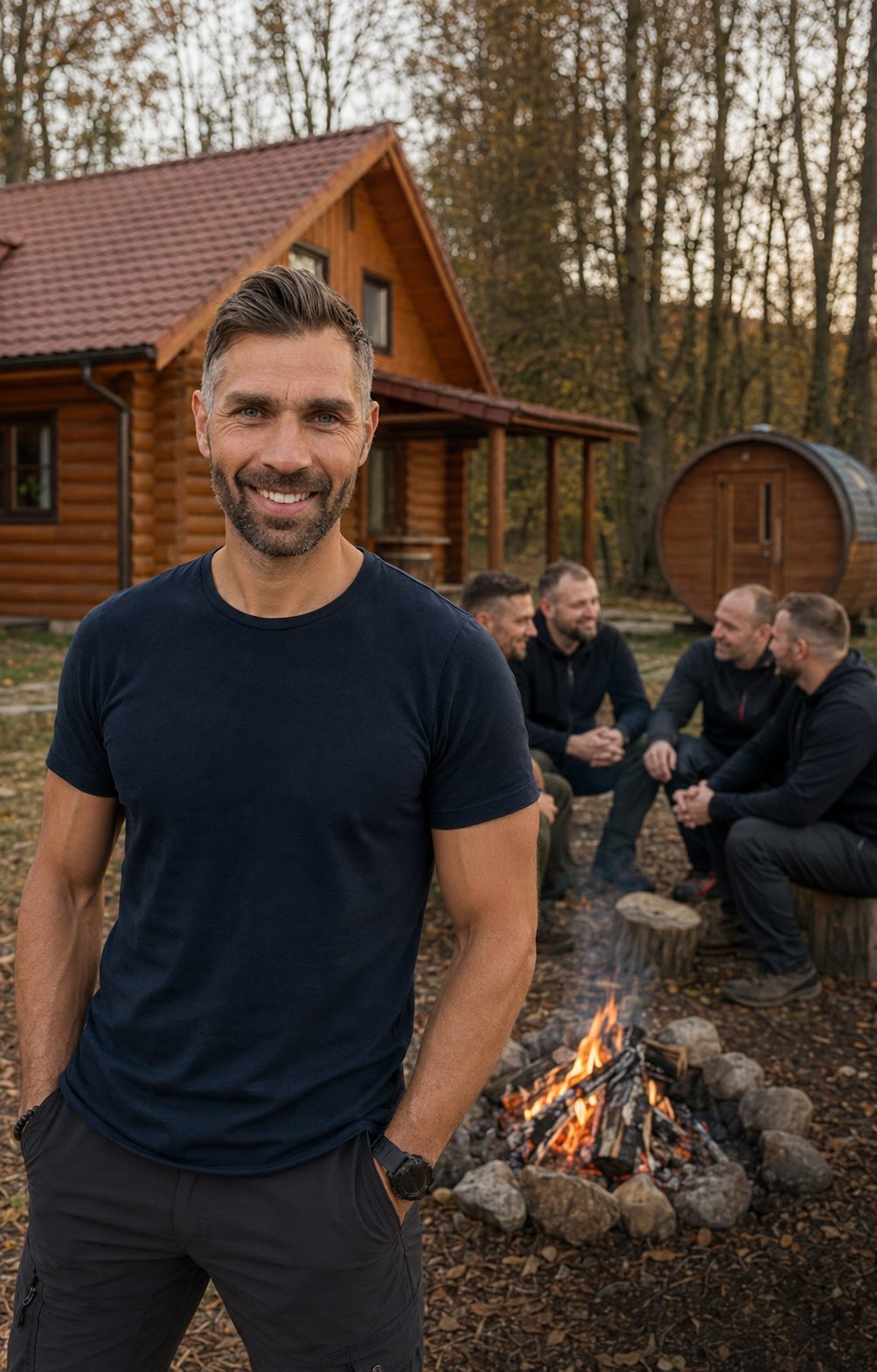 Martin Knakal na kempu Návrat zdravého muže – srub, saunový sud a parta u ohně